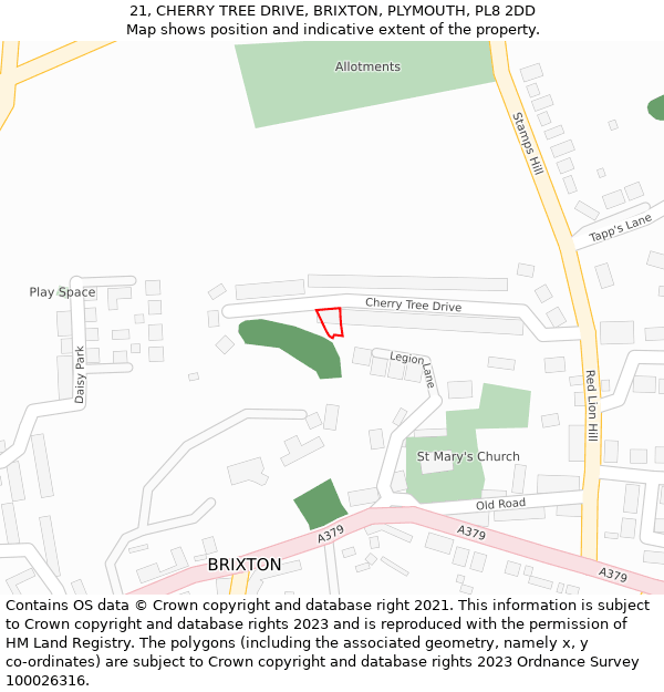 21, CHERRY TREE DRIVE, BRIXTON, PLYMOUTH, PL8 2DD: Location map and indicative extent of plot