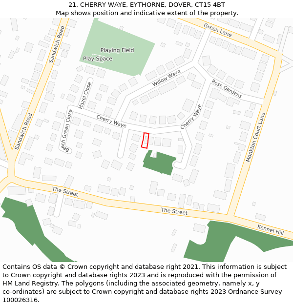 21, CHERRY WAYE, EYTHORNE, DOVER, CT15 4BT: Location map and indicative extent of plot