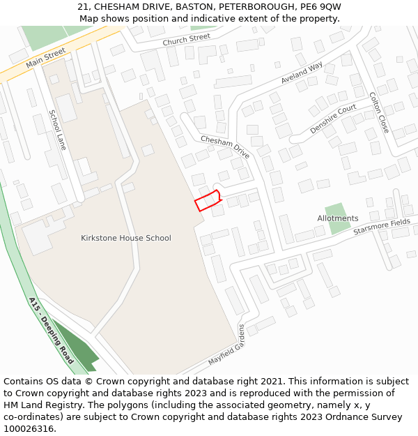 21, CHESHAM DRIVE, BASTON, PETERBOROUGH, PE6 9QW: Location map and indicative extent of plot