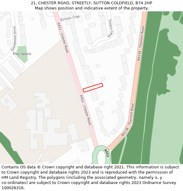 21, CHESTER ROAD, STREETLY, SUTTON COLDFIELD, B74 2HP: Location map and indicative extent of plot