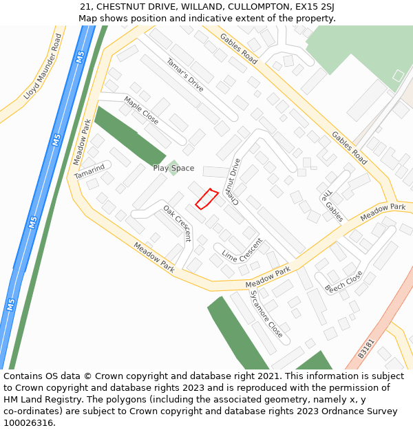 21, CHESTNUT DRIVE, WILLAND, CULLOMPTON, EX15 2SJ: Location map and indicative extent of plot