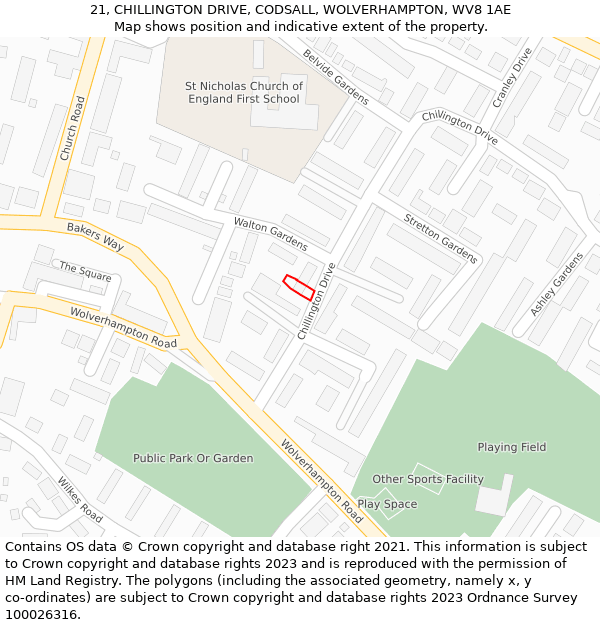 21, CHILLINGTON DRIVE, CODSALL, WOLVERHAMPTON, WV8 1AE: Location map and indicative extent of plot