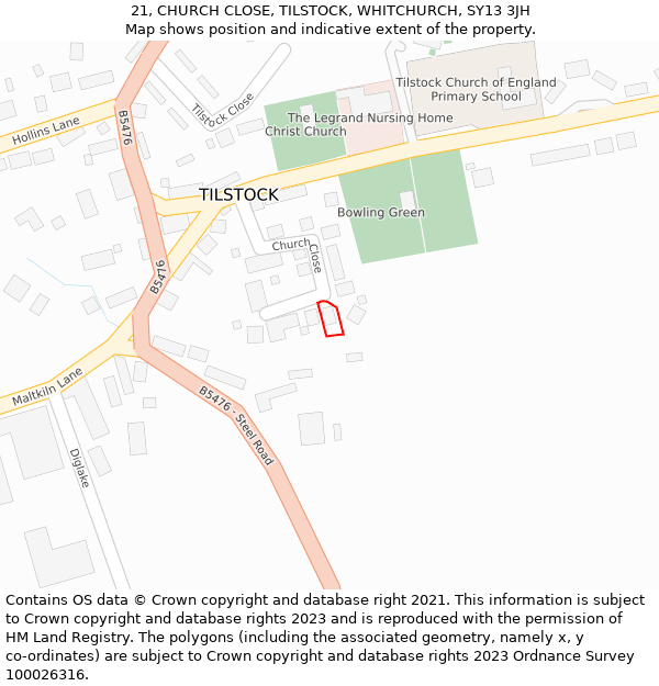 21, CHURCH CLOSE, TILSTOCK, WHITCHURCH, SY13 3JH: Location map and indicative extent of plot