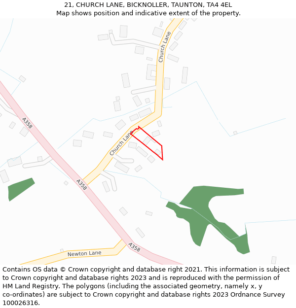 21, CHURCH LANE, BICKNOLLER, TAUNTON, TA4 4EL: Location map and indicative extent of plot