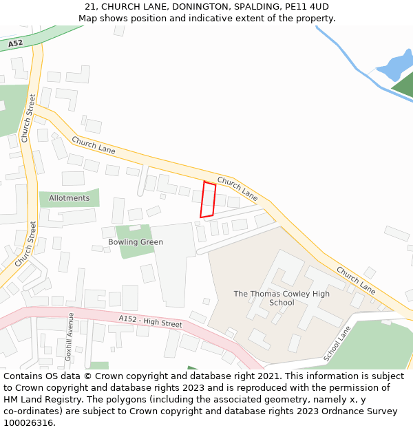 21, CHURCH LANE, DONINGTON, SPALDING, PE11 4UD: Location map and indicative extent of plot