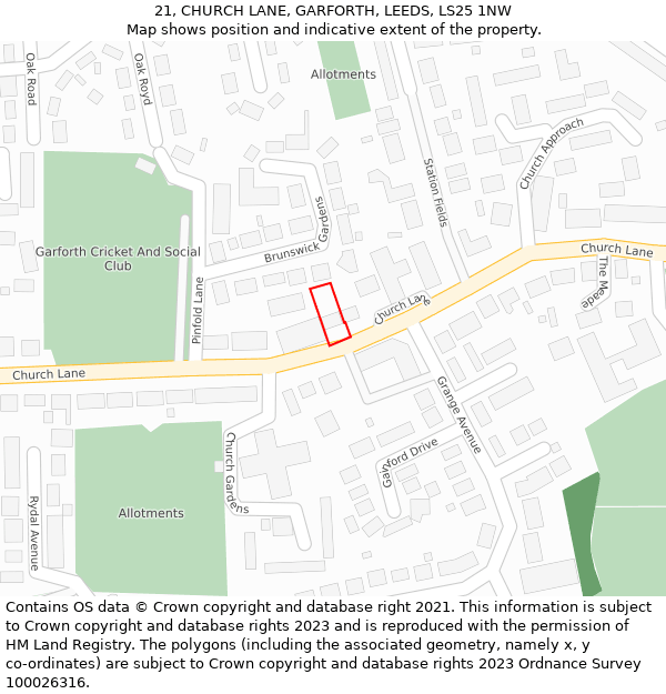 21, CHURCH LANE, GARFORTH, LEEDS, LS25 1NW: Location map and indicative extent of plot