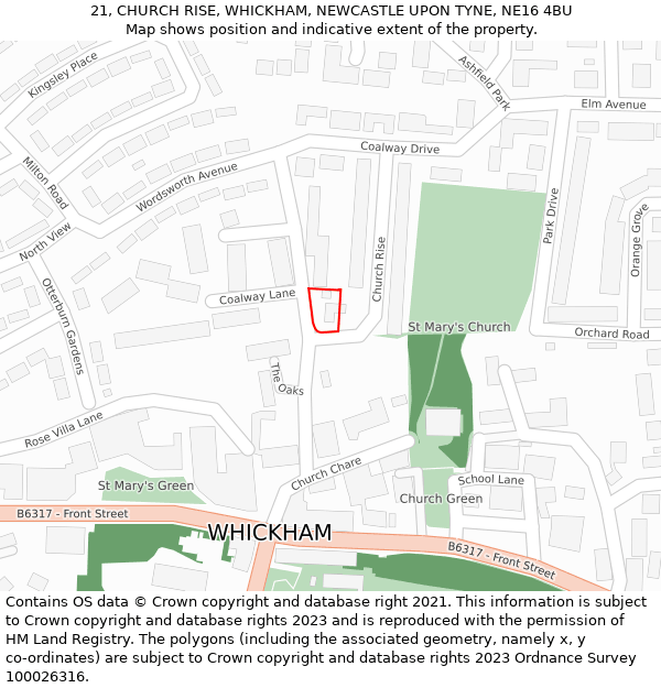 21, CHURCH RISE, WHICKHAM, NEWCASTLE UPON TYNE, NE16 4BU: Location map and indicative extent of plot