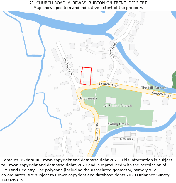 21, CHURCH ROAD, ALREWAS, BURTON-ON-TRENT, DE13 7BT: Location map and indicative extent of plot