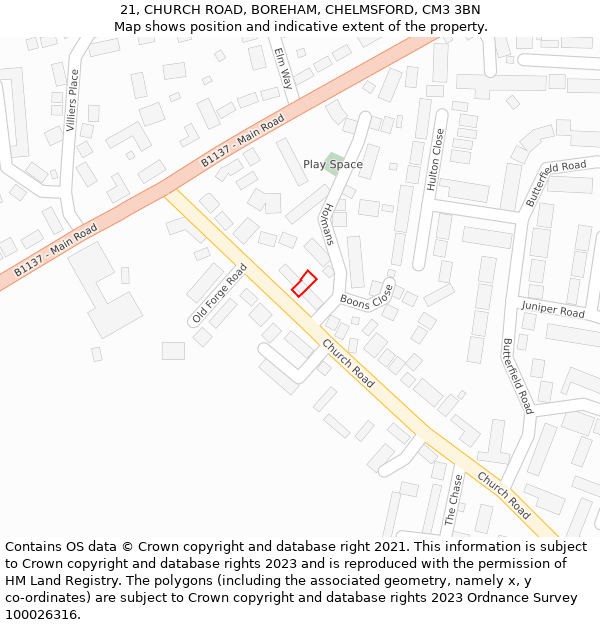 21, CHURCH ROAD, BOREHAM, CHELMSFORD, CM3 3BN: Location map and indicative extent of plot