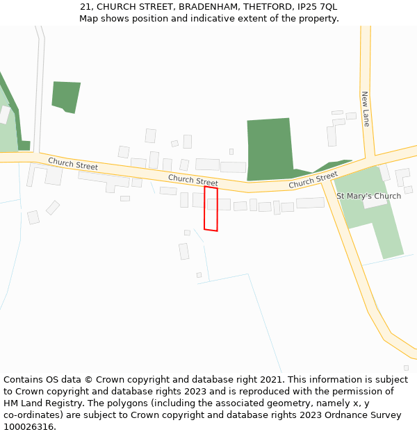 21, CHURCH STREET, BRADENHAM, THETFORD, IP25 7QL: Location map and indicative extent of plot