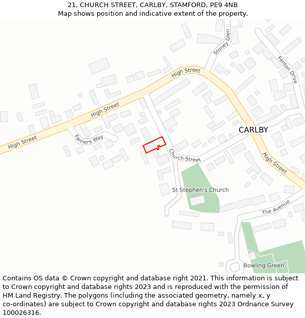 21, CHURCH STREET, CARLBY, STAMFORD, PE9 4NB: Location map and indicative extent of plot