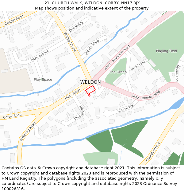 21, CHURCH WALK, WELDON, CORBY, NN17 3JX: Location map and indicative extent of plot