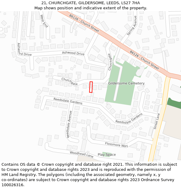 21, CHURCHGATE, GILDERSOME, LEEDS, LS27 7HA: Location map and indicative extent of plot