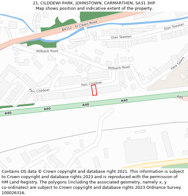 21, CILDDEWI PARK, JOHNSTOWN, CARMARTHEN, SA31 3HP: Location map and indicative extent of plot