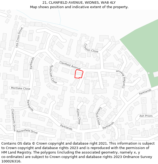 21, CLANFIELD AVENUE, WIDNES, WA8 4LY: Location map and indicative extent of plot