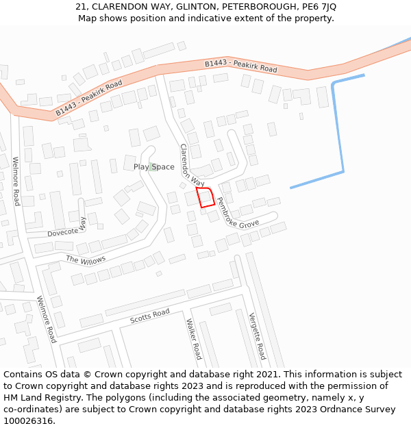 21, CLARENDON WAY, GLINTON, PETERBOROUGH, PE6 7JQ: Location map and indicative extent of plot