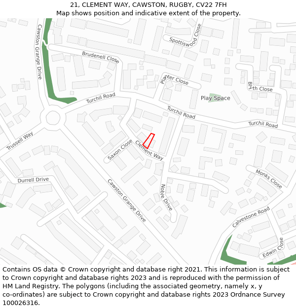 21, CLEMENT WAY, CAWSTON, RUGBY, CV22 7FH: Location map and indicative extent of plot