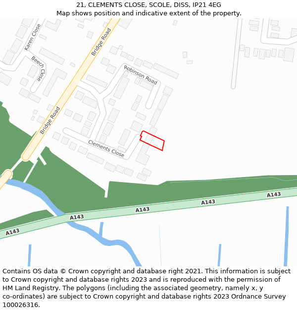 21, CLEMENTS CLOSE, SCOLE, DISS, IP21 4EG: Location map and indicative extent of plot