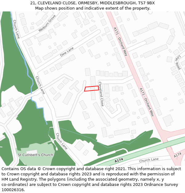 21, CLEVELAND CLOSE, ORMESBY, MIDDLESBROUGH, TS7 9BX: Location map and indicative extent of plot