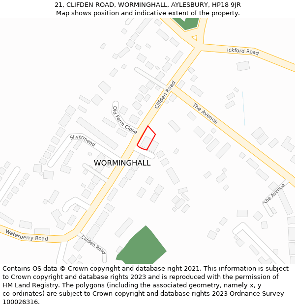 21, CLIFDEN ROAD, WORMINGHALL, AYLESBURY, HP18 9JR: Location map and indicative extent of plot