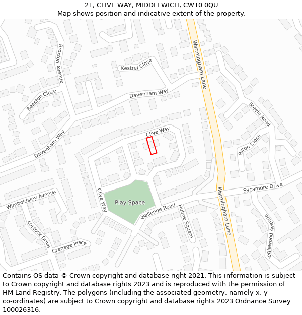 21, CLIVE WAY, MIDDLEWICH, CW10 0QU: Location map and indicative extent of plot