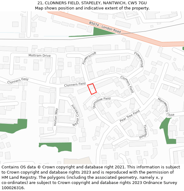 21, CLONNERS FIELD, STAPELEY, NANTWICH, CW5 7GU: Location map and indicative extent of plot