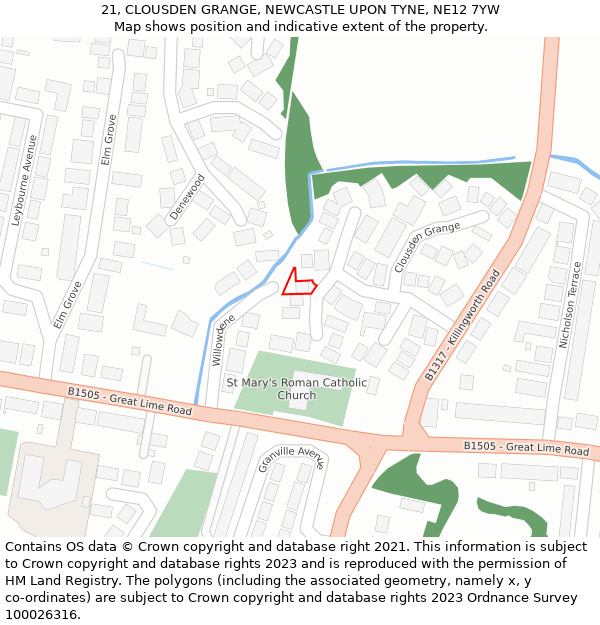 21, CLOUSDEN GRANGE, NEWCASTLE UPON TYNE, NE12 7YW: Location map and indicative extent of plot