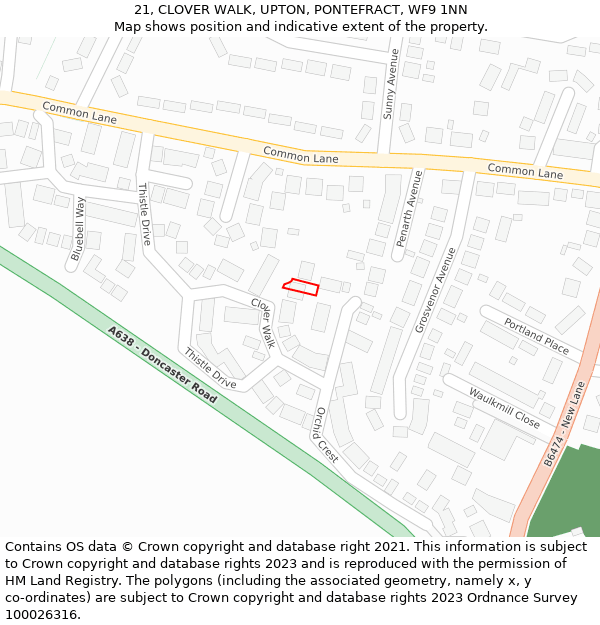 21, CLOVER WALK, UPTON, PONTEFRACT, WF9 1NN: Location map and indicative extent of plot