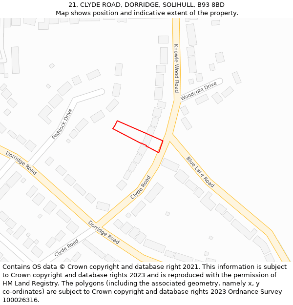 21, CLYDE ROAD, DORRIDGE, SOLIHULL, B93 8BD: Location map and indicative extent of plot