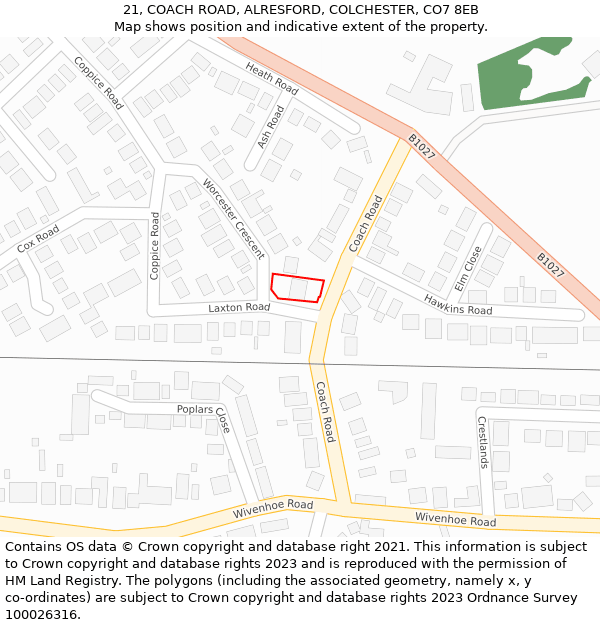 21, COACH ROAD, ALRESFORD, COLCHESTER, CO7 8EB: Location map and indicative extent of plot