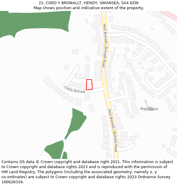 21, COED Y BRONALLT, HENDY, SWANSEA, SA4 0ZW: Location map and indicative extent of plot