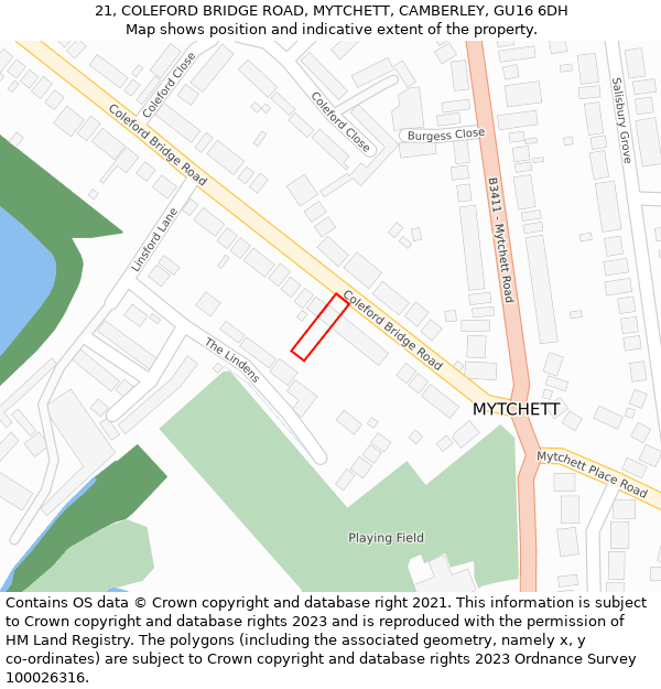 21, COLEFORD BRIDGE ROAD, MYTCHETT, CAMBERLEY, GU16 6DH: Location map and indicative extent of plot