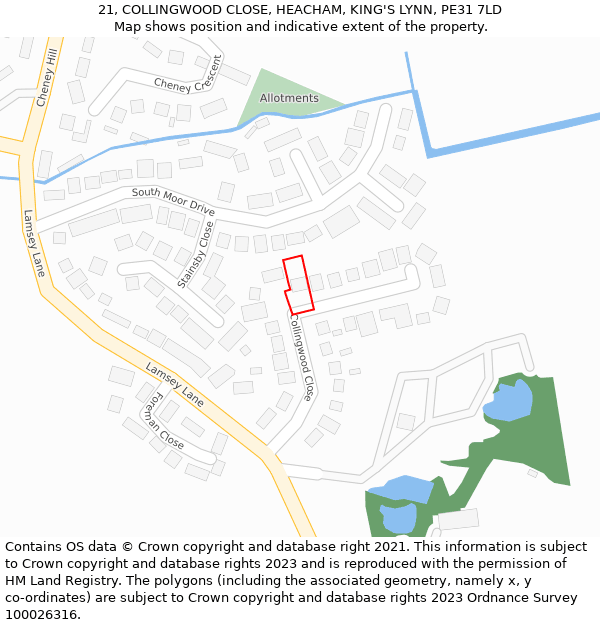 21, COLLINGWOOD CLOSE, HEACHAM, KING'S LYNN, PE31 7LD: Location map and indicative extent of plot