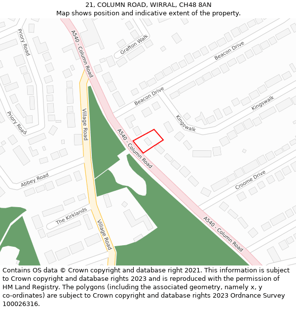 21, COLUMN ROAD, WIRRAL, CH48 8AN: Location map and indicative extent of plot