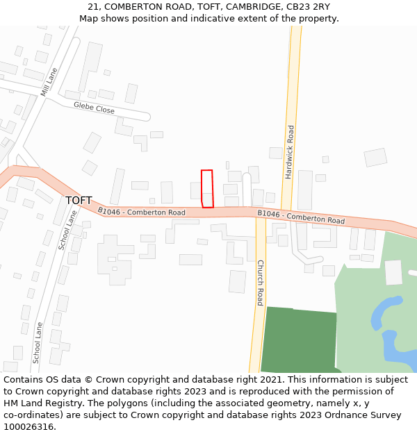 21, COMBERTON ROAD, TOFT, CAMBRIDGE, CB23 2RY: Location map and indicative extent of plot