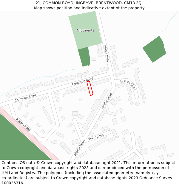 21, COMMON ROAD, INGRAVE, BRENTWOOD, CM13 3QL: Location map and indicative extent of plot