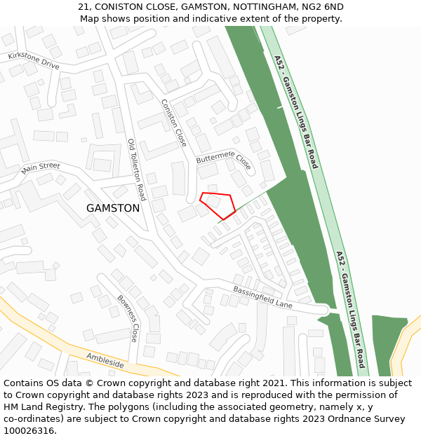 21, CONISTON CLOSE, GAMSTON, NOTTINGHAM, NG2 6ND: Location map and indicative extent of plot