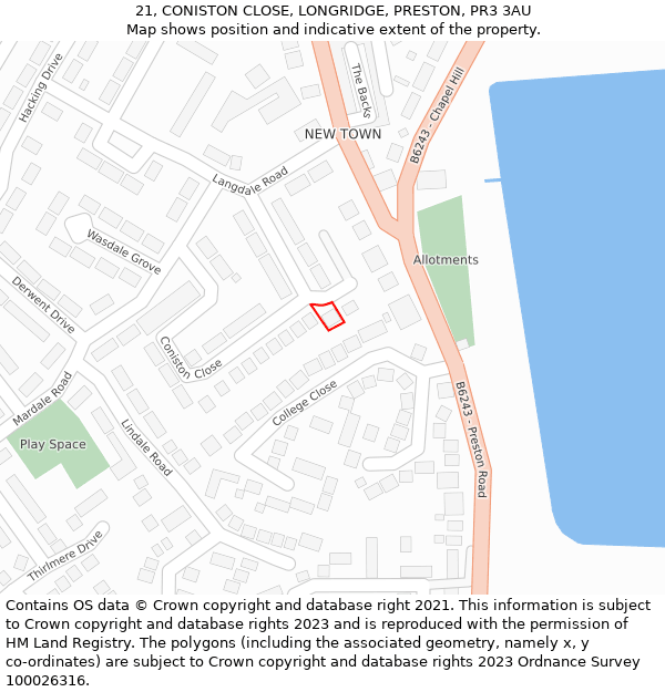 21, CONISTON CLOSE, LONGRIDGE, PRESTON, PR3 3AU: Location map and indicative extent of plot