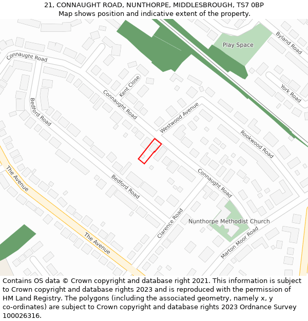 21, CONNAUGHT ROAD, NUNTHORPE, MIDDLESBROUGH, TS7 0BP: Location map and indicative extent of plot
