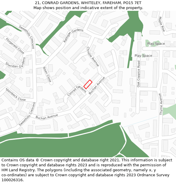 21, CONRAD GARDENS, WHITELEY, FAREHAM, PO15 7ET: Location map and indicative extent of plot