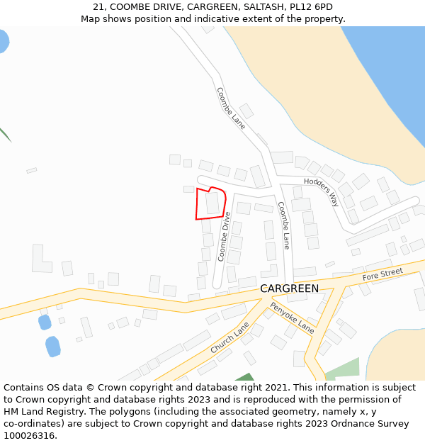 21, COOMBE DRIVE, CARGREEN, SALTASH, PL12 6PD: Location map and indicative extent of plot