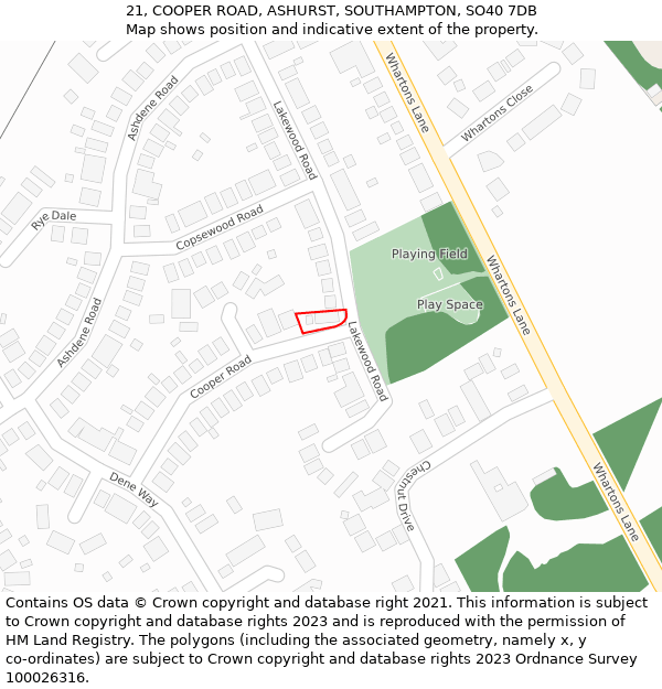 21, COOPER ROAD, ASHURST, SOUTHAMPTON, SO40 7DB: Location map and indicative extent of plot