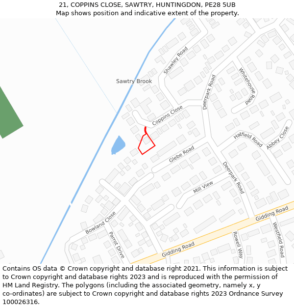 21, COPPINS CLOSE, SAWTRY, HUNTINGDON, PE28 5UB: Location map and indicative extent of plot