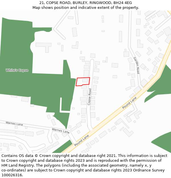 21, COPSE ROAD, BURLEY, RINGWOOD, BH24 4EG: Location map and indicative extent of plot