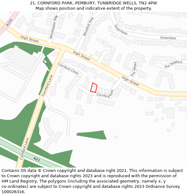 21, CORNFORD PARK, PEMBURY, TUNBRIDGE WELLS, TN2 4PW: Location map and indicative extent of plot