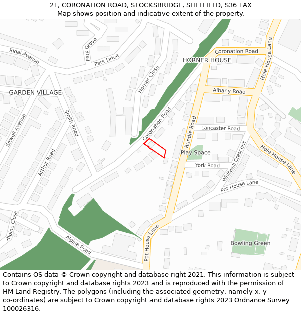 21, CORONATION ROAD, STOCKSBRIDGE, SHEFFIELD, S36 1AX: Location map and indicative extent of plot