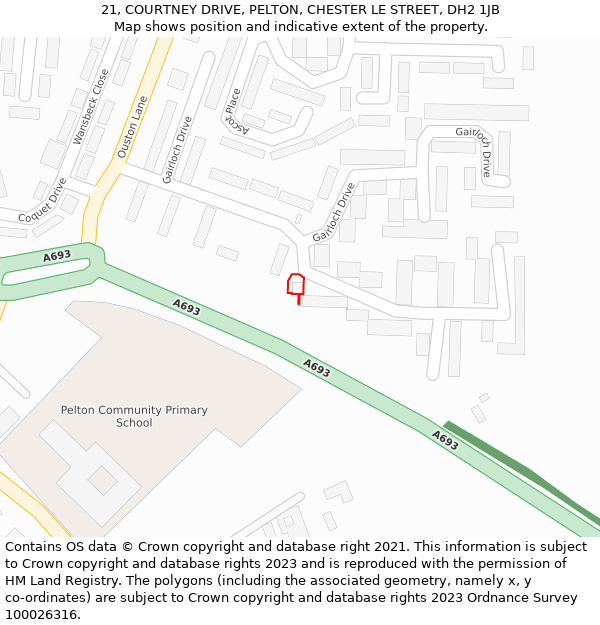 21, COURTNEY DRIVE, PELTON, CHESTER LE STREET, DH2 1JB: Location map and indicative extent of plot