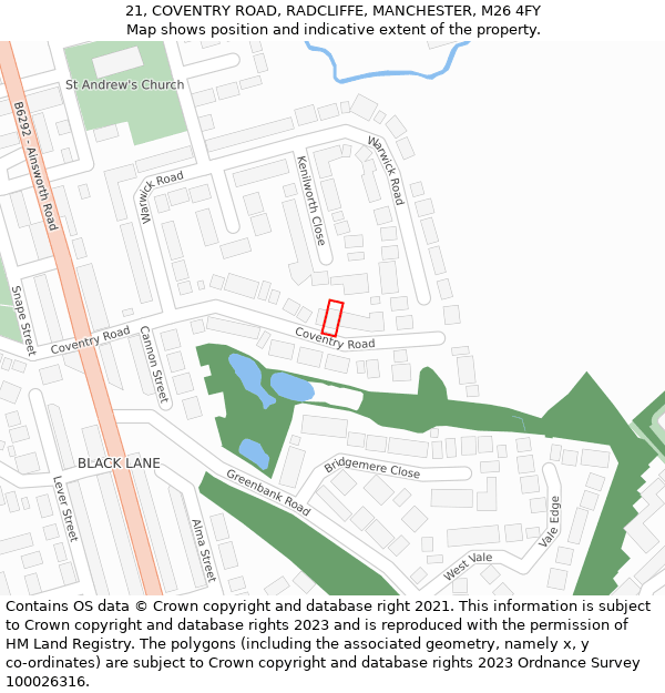 21, COVENTRY ROAD, RADCLIFFE, MANCHESTER, M26 4FY: Location map and indicative extent of plot