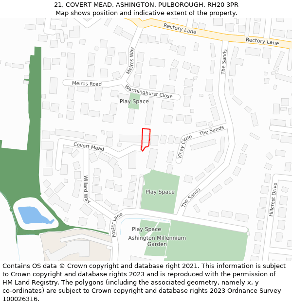 21, COVERT MEAD, ASHINGTON, PULBOROUGH, RH20 3PR: Location map and indicative extent of plot