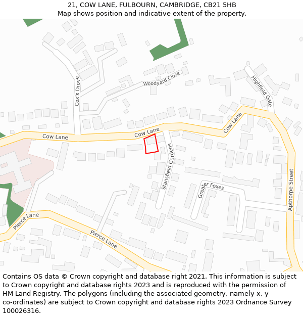 21, COW LANE, FULBOURN, CAMBRIDGE, CB21 5HB: Location map and indicative extent of plot